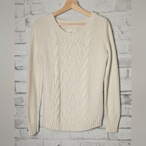 H&M L.O.G.G Cream Cable Knit Sweater L Button Shoulder Fisherman Pullover
